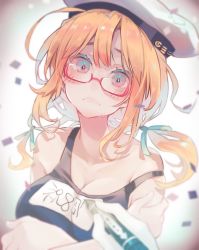 Rule 34 | 1girl, ahoge, blonde hair, blue one-piece swimsuit, blush, breasts, cleavage, closed mouth, confetti, crossed arms, frown, glasses, gloves, hair ribbon, hat, highres, i-8 (kancolle), kantai collection, large breasts, long hair, low twintails, name tag, one-piece swimsuit, red-framed eyewear, ribbon, ruohire9, school swimsuit, sidelocks, simple background, solo focus, sweat, swimsuit, twintails, white gloves, white headwear, writing