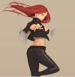 Rule 34 | 1girl, absurdres, breasts, brown background, female focus, green eyes, highres, katarina (league of legends), kunai, large breasts, league of legends, lips, long hair, looking at viewer, midriff, pants, red hair, scar, simple background, since, solo, tight clothes, tight pants, weapon