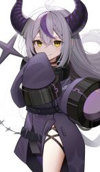 Rule 34 | 1girl, grey hair, highres, hololive, holox, horns, kinsuke z, la+ darknesss, long hair, long sleeves, looking at viewer, multicolored hair, simple background, sitting, smile, solo, streaked hair, virtual youtuber, yellow eyes