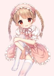 Rule 34 | 1girl, :d, blush, bow, braid, brown background, brown hair, chitosezaka suzu, collared shirt, commentary request, dress, dress shirt, frilled hairband, frilled shirt collar, frills, hairband, hugging own legs, knee up, looking at viewer, no shoes, open mouth, original, panties, pink bow, pink dress, pink hairband, puffy short sleeves, puffy sleeves, red eyes, shirt, short sleeves, simple background, sitting, sleeveless, sleeveless dress, smile, solo, thighhighs, twin braids, twintails, underwear, white panties, white shirt, white thighhighs