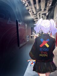 Rule 34 | 1girl, absurdres, art gallery, english text, highres, industrial pipe, kaguya luna, mika pikazo, museum, nail polish, skirt, the moon studio, twintails, v, virtual youtuber, white hair