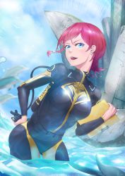 Rule 34 | 1girl, :d, absurdres, asymmetrical hair, black bodysuit, blue eyes, bodysuit, braid, breasts, breasts apart, day, diving suit, dolphin, floating hair, hand on own hip, highres, medium breasts, onshigou, open mouth, original, outdoors, red hair, short hair, single braid, smile, solo, standing, wading, wetsuit