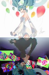 Rule 34 | 1girl, absurdres, balloon, black dress, blue hair, dress, dual persona, floating hair, from side, glitch, hatsune miku, headset, highres, huge filesize, kuroi enpitsu, long hair, looking at viewer, reflection, twintails, very long hair, vocaloid, white dress