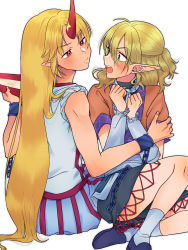 Rule 34 | 2girls, :o, arm warmers, arms up, bad id, bad pixiv id, bare arms, black skirt, blonde hair, blue footwear, blue skirt, blush, braid, brown shirt, chain, clenched hands, commentary request, cuffs, cup, eye contact, french braid, from behind, green eyes, hand on another&#039;s arm, head tilt, highres, holding, holding cup, horns, hoshiguma yuugi, knee up, knees, legs, long hair, looking at another, medium hair, mizuhashi parsee, multiple girls, open mouth, parted lips, pointy ears, red eyes, sakazuki, shackles, shirt, short ponytail, short sleeves, sibata maru, simple background, single horn, sitting, skirt, sleeves rolled up, slippers, striped clothes, striped skirt, teeth, thighs, touhou, upper teeth only, very long hair, white background, white legwear, white neckwear, white shirt, yuri
