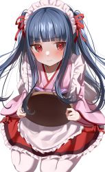 Rule 34 | 1girl, absurdres, blue hair, blunt bangs, blush, dark blue hair, highres, holding, holding tray, idolmaster, idolmaster cinderella girls, japanese clothes, kimono, light smile, long hair, looking at viewer, maid, maid headdress, ningen mame, pink kimono, red eyes, red skirt, sajo yukimi, simple background, skirt, solo, tray, two side up, wa maid, white background, white legwear, wide sleeves