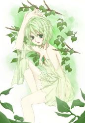 Rule 34 | 1girl, ayasa, breasts, colored eyelashes, commentary request, dress, foot out of frame, gem, green dress, green eyes, green gemstone, green hair, green theme, leaf, looking at viewer, medium breasts, off-shoulder dress, off shoulder, open mouth, original, short hair, solo, white background