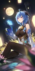 Rule 34 | 1girl, absurdres, ahoge, amane sora, bell, blue hair, blurry, bodystocking, breasts, closed mouth, depth of field, detached sleeves, ganyu (genshin impact), genshin impact, gold trim, hand up, highres, horns, large breasts, long hair, moon, neck bell, night, night sky, pelvic curtain, purple eyes, sidelocks, sitting, sky, solo, star (sky), starry sky, very long hair, vision (genshin impact)