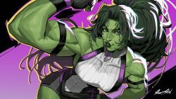 1girl colored_skin green_eyes green_hair green_skin high_ponytail leotard long_hair looking_at_viewer marvel muscular muscular_female ponytail she-hulk sheep_shin signature solo white_leotard