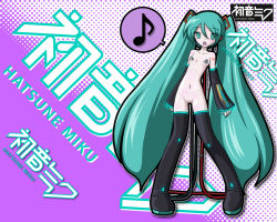 Rule 34 | 1girl, aoba (aunana), aqua hair, character name, cleft of venus, detached sleeves, doll joints, fang, hatsune miku, joints, long hair, nude, pasties, pussy, solo, thighhighs, twintails, very long hair, vocaloid, wallpaper