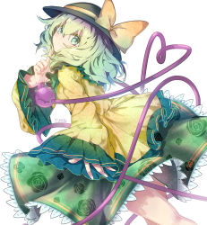 Rule 34 | 1girl, absurdres, black hat, bow, commentary, dutch angle, feet out of frame, finger to cheek, floral print, frilled skirt, frilled sleeves, frills, from behind, green eyes, green hair, green skirt, hat, hat bow, heart, heart of string, highres, index finger raised, komeiji koishi, long sleeves, looking at viewer, rose print, shirt, short hair, signature, simple background, skirt, sleeves past wrists, smile, solo, third eye, touhou, turn zhuan, white background, wide sleeves, yellow bow, yellow shirt