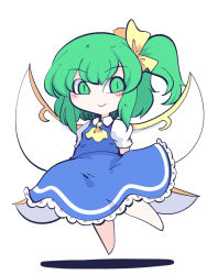 Rule 34 | 1girl, ascot, barefoot, blue skirt, blue vest, blush stickers, chahan (fried rice0614), closed mouth, collared shirt, daiyousei, fairy, fairy wings, full body, green eyes, green hair, highres, long hair, one-hour drawing challenge, puffy short sleeves, puffy sleeves, shirt, short sleeves, side ponytail, simple background, skirt, smile, solo, touhou, vest, white background, white shirt, wings, yellow ascot