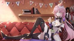 Rule 34 | 1girl, absurdres, artist request, black footwear, book, bookshelf, boots, breasts, cake, chibi, cleavage, confetti, couch, doll, elysia (honkai impact), elysia (miss pink elf) (honkai impact), food, food on face, fork, full body, gift, happy birthday, highres, holding, holding fork, holding plate, honkai (series), honkai impact 3rd, licking, long hair, looking at viewer, mobius (honkai impact), pink hair, plate, pointy ears, purple eyes, raiden mei, raiden mei (herrscher of thunder), sitting, solo, thigh boots, thighhighs