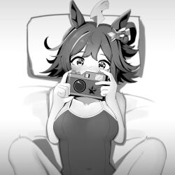Rule 34 | 1girl, absurdres, ahoge, alternate costume, animal ears, artist request, bed, blush, breasts, camera, collarbone, covered navel, hair bun, hair ornament, highres, holding, holding camera, horse ears, implied sex, looking at viewer, medium breasts, monochrome, pillow, pov, rhein kraft (umamusume), school swimsuit, solo focus, spread legs, swimsuit, taking picture, umamusume