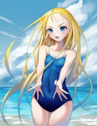 Rule 34 | 1girl, absurdres, beach, blonde hair, blue eyes, blue sky, blue one-piece swimsuit, breasts, cloud, commentary request, competition school swimsuit, cowboy shot, day, highres, kofune ushio, long hair, looking at viewer, one-piece swimsuit, outdoors, school swimsuit, sky, small breasts, solo, summertime render, swimsuit, yukinokoe