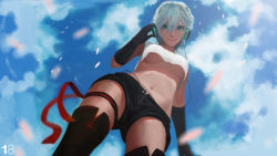 Rule 34 | 1girl, absurdres, artist name, black gloves, black shorts, black thighhighs, blouse, blue sky, breasts, breasts apart, cable, cloud, cloudy sky, crop top, crop top overhang, day, elbow gloves, from below, gloves, green eyes, hair between eyes, hand on headphones, headphones, highres, large breasts, leg ribbon, looking at viewer, midriff, navel, no bra, petals, ribbon, shirt, short hair, shorts, sky, sleeveless, sleeveless shirt, smile, solo, thigh ribbon, thigh strap, thighhighs, tony sun, unbuttoned, underboob, upshirt, vocaloid, vocanese, white hair, yanhe, zipper