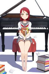 Rule 34 | 10s, 1girl, bad id, bad pixiv id, bare legs, barefoot, blush, book, book stack, flower, grand piano, grey skirt, hair ornament, hairclip, hands on lap, highres, holding, icehotmilktea, instrument, lily (flower), long hair, looking at viewer, love live!, love live! sunshine!!, magazine (object), manga (object), miniskirt, neckerchief, own hands together, petals, piano, piano bench, pleated skirt, red hair, sakurauchi riko, school uniform, serafuku, shadow, shirt, short sleeves, sitting, skirt, smile, solo, white shirt, yellow eyes