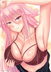 Rule 34 | 1girl, absurdres, arm above head, armpits, artist name, ayannon yumme, blue shirt, blush, bra, breasts, closed mouth, clothes pull, female focus, grabbing own breast, gradient eyes, highres, huge breasts, long hair, looking at viewer, multicolored eyes, murenase! shiiton gakuen, okami feriru, open clothes, open shirt, pink hair, red bra, seductive smile, shirt, shirt pull, simple background, smile, solo, underwear, upper body, wolf girl, yellow background, yellow eyes