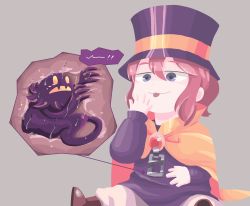 Rule 34 | 1boy, 1girl, :p, a hat in time, absurdres, cape, grey background, hat, hat kid, highres, salmon (komarivel), simple background, sitting, snatcher (a hat in time), tongue, tongue out, vore