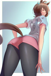 Rule 34 | 1girl, agnes tachyon (umamusume), ahoge, animal ears, ass, black pantyhose, brown hair, earrings, from behind, from below, gym shorts, gym uniform, highres, horse ears, horse girl, horse tail, jewelry, looking back, pantyhose, pink shorts, red eyes, shirt, shorts, smile, tail, umamusume, varie7k, white shirt