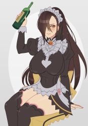 Rule 34 | 1girl, absurdres, alternate costume, arm up, black hair, blush, bottle, breasts, cryptid crab, fire emblem, fire emblem fates, fire emblem heroes, highres, kagero (fire emblem), large breasts, maid, maid headdress, nintendo, official alternate costume, one eye covered, ponytail, puffy sleeves, simple background, sitting, smile, thighhighs