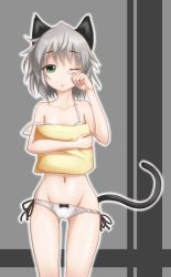 Rule 34 | 1girl, animal ears, aqua eyes, bra, cat ears, cat tail, highres, navel, one eye closed, panties, pillow, roro rosset, rubbing eyes, sanya v. litvyak, silver hair, sleepy, solo, strike witches, tail, underwear, underwear only, wink, world witches series