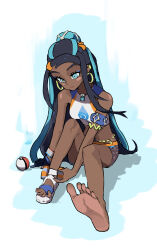 1girl absurdres adjusting_footwear aqua_eyes armpits artist_request bare_shoulders belly_chain bikini bikini_shorts black_hair breasts clenched_hand creatures_(company) dark-skinned_female dark_skin dynamax_band ear_piercing earrings eyelashes feet female_focus focused full_body game_freak gradient_background gym_leader hair_bun hair_ornament highres hoop_earrings jewelry knee_up light_smile light_soles long_hair looking_down medium_breasts midriff multicolored_hair neck necklace nessa_(pokemon) nintendo outstretched_leg piercing pokemon pokemon_swsh sandals shorts sidelocks single_sandal sitting soles spread_toes streaked_hair swimsuit toenails toes