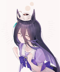 Rule 34 | 1girl, animal ears, black hair, blush, clenched hands, closed eyes, closed mouth, coffee, commentary, cup, earrings, english commentary, futaba (futaba uc), hair between eyes, highres, horse ears, horse girl, horse tail, jewelry, long hair, manhattan cafe (umamusume), object on head, puffy short sleeves, puffy sleeves, purple shirt, sailor collar, saucer, school uniform, shirt, short sleeves, single earring, skirt, smile, solo, tail, tracen school uniform, umamusume, upper body, white skirt