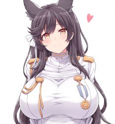 Rule 34 | 1girl, amane hasuhito, animal ears, atago (azur lane), azur lane, black hair, breasts, brown eyes, hair ribbon, heart, large breasts, long hair, looking at viewer, mole, mole under eye, ribbon, simple background, smile, solo, upper body, white background, white ribbon