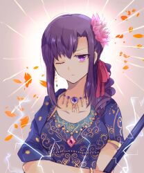Rule 34 | 1girl, blue gemstone, blue shirt, bracelet, breasts, closed mouth, collarbone, commentary request, earrings, electricity, fate/grand order, fate (series), flower, gem, green gemstone, hair between eyes, hair flower, hair ornament, hair ribbon, highres, holding, holding polearm, holding weapon, indian clothes, jewelry, long hair, looking at viewer, lotus, matou sakura, medium breasts, necklace, one eye closed, parvati (fate), petals, pink flower, pink gemstone, pink ribbon, polearm, purple eyes, purple hair, ribbon, shirt, short sleeves, sodamachi, solo, symbol-shaped pupils, upper body, weapon