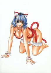 Rule 34 | 1girl, all fours, animal ears, apron, blue eyes, blue hair, bow, breasts, cat ears, cat tail, cleavage, collar, highres, inoue takuya, bridal garter, matching hair/eyes, nail polish, naked apron, pink nails, smile, solo, tail