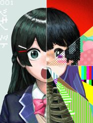 Rule 34 | 1girl, :o, black eyes, black hair, blazer, bow, bowtie, brown sweater, character name, commentary, fuse beads, grey background, hada (curlyha1r), hair ornament, hairclip, half updo, highres, jacket, long hair, looking at viewer, multicolored background, multiple persona, multiple views, nazono mito, nijisanji, open mouth, pink bow, pink bowtie, portrait, red background, riyo (lyomsnpmp) (style), school uniform, shirt, skeleton, split theme, straight-on, striped, sweater, test card, translation request, tsukino mito, tsukino mito (1st costume), virtual youtuber, white shirt