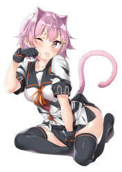 Rule 34 | 1girl, ;p, animal ears, bad feet, belt, belt buckle, between legs, black gloves, black skirt, black thighhighs, breasts, brown eyes, buckle, cat ears, cat tail, ebifurya, full body, gloves, hand between legs, highres, jacket, kantai collection, kemonomimi mode, looking at viewer, medium breasts, miniskirt, neck ribbon, no shoes, one eye closed, paw pose, pink hair, red ribbon, ribbon, short sleeves, side slit, simple background, sitting, skindentation, skirt, solo, tail, tama (kancolle), tama kai ni (kancolle), thighhighs, thighs, tongue, tongue out, v-shaped eyebrows, white background, white jacket, zettai ryouiki