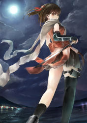 Rule 34 | 1girl, asymmetrical legwear, bare shoulders, black gloves, black skirt, black thighhighs, brown eyes, brown hair, cloud, cloudy sky, commentary, divider, elbow gloves, fingerless gloves, from behind, from below, full moon, gloves, hair ornament, highres, holding, holding sword, holding weapon, kantai collection, landscape, looking at viewer, looking back, looking down, moon, mountain, night, night sky, ninja, ocean, scarf, school uniform, sendai (kancolle), sendai kai ni (kancolle), serafuku, short hair, single sock, single thighhigh, skirt, sky, socks, solo, sword, thigh strap, thighhighs, two side up, uneven legwear, weapon, white neckwear, white scarf, wind