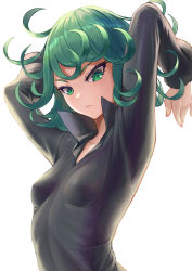 Rule 34 | 1girl, arms behind head, arms up, black dress, breasts, closed mouth, collared dress, curly hair, dress, flipped hair, green eyes, green hair, highres, looking at viewer, one-punch man, sai (abyss05), short hair, simple background, small breasts, solo, stretching, tatsumaki, tight clothes, tight dress, white background, wide sleeves