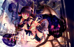 Rule 34 | 1girl, absurdres, bad id, bad pixiv id, black hair, blush, boots, breasts, cityscape, demon girl, demon horns, demon wings, detached collar, fingernails, flying, glasses, highres, horns, kumashou (nabeyama kaidou), large breasts, long hair, looking at viewer, original, pink eyes, reaching, reaching towards viewer, revealing clothes, sharp fingernails, solo, spirit, thigh boots, thighhighs, wings