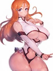 Rule 34 | 1girl, adapted costume, arms at sides, black panties, bleach, blush, breasts, cleavage, cleavage cutout, clothing cutout, collar, crop top, detached sleeves, fumio (rsqkr), hair ornament, highres, huge breasts, inoue orihime, large breasts, lips, looking at viewer, navel, orange hair, panties, parted bangs, purple background, pursed lips, redesign, revealing clothes, shiny skin, sidelocks, simple background, steam, stomach, sweat, thighs, thong, underboob, underboob cutout, underwear, upper body, wide hips, wrist cuffs