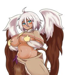 Rule 34 | 1girl, ahoge, animal hands, blue eyes, breasts, claws, commentary, curvy, dark-skinned female, dark skin, english commentary, facial mark, fur, griffon (monster girl encyclopedia), hair between eyes, highres, huge breasts, looking at viewer, monster girl, monster girl encyclopedia, nav (itsnav), navel, short hair, smile, solo, standing, stomach, tail, thick thighs, thighs, transparent background, underboob, white background, white hair, wide hips, wings