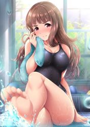 Rule 34 | 1girl, arm behind back, bad id, bad twitter id, bare arms, bare legs, bare shoulders, barefoot, black one-piece swimsuit, blunt bangs, blurry, blurry foreground, blush, breasts, brown hair, cleavage, closed mouth, collarbone, competition swimsuit, depth of field, drying, feet, garana, highres, holding, holding towel, idolmaster, indoors, kamiya nao, lens flare, long hair, medium breasts, nose blush, on floor, one-piece swimsuit, pool, soles, solo, sparkle, splashing, sunlight, swimsuit, thick eyebrows, tile floor, tiles, toes, towel, water, water drop, wet, wet clothes, wet hair, wet swimsuit, window