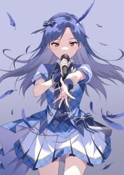 Rule 34 | 1girl, blue background, blue dress, blue hair, blue hairband, blue ribbon, blue wristband, blush, brown eyes, cowboy shot, dot nose, dress, falling feathers, feathers, flat chest, hair ribbon, hairband, hands up, highres, holding, holding microphone, idolmaster, idolmaster (classic), idolmaster million live!, idolmaster million live! theater days, kisaragi chihaya, long hair, looking at viewer, microphone, mikaze takashi, necktie, open hand, plaid, plaid dress, pleated skirt, purple necktie, reaching, reaching towards viewer, ribbon, ribbon-trimmed clothes, ribbon trim, short sleeves, simple background, skirt, solo, standing