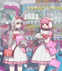 2023 2girls :d :i aegyo_sal animal_ear_hairband animal_ears bag barbell_piercing bow bow_choker chest_bow chinese_zodiac choker closed_mouth collarbone dress earrings fake_animal_ears flyer grey_hair grey_jacket hairband handbag heart highres holding holding_flyer hood hood_down hooded_jacket jacket jewelry legs_apart long_hair long_sleeves medium_dress multiple_earrings multiple_girls open_clothes open_jacket open_mouth original photo_background piercing pink_hair puffy_short_sleeves puffy_sleeves rabbit_ear_hairband rabbit_ears red_bag red_bow red_choker red_eyes short_hair short_sleeves sleeve_bow sleeves_past_wrists smile snow_rabbit standing swept_bangs vending_machine white_dress white_hairband year_of_the_rabbit yoshioka_suke