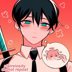 Rule 34 | 1boy, black hair, black necktie, blue eyes, blush, chainsaw man, cheek pinching, claireiosity, collared shirt, commentary, earrings, halftone, halo, hamster, hayakawa aki, jewelry, katana, looking at viewer, necktie, orange background, pinching, shirt, short hair, solo, stud earrings, sword, symbol-only commentary, thought bubble, weapon, weapon on back, white shirt, yaoi
