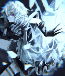Rule 34 | 1girl, between fingers, black gloves, chiruru96, gloves, holding, izayoi sakuya, knife, looking at viewer, monochrome, red eyes, silver hair, simple background, solo, throwing knife, touhou, weapon