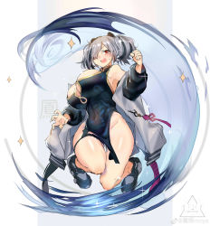 Rule 34 | 1girl, absurdres, animal ears, arknights, armpit peek, aura, bare legs, black footwear, black hair, blue dress, blush, breasts, china dress, chinese clothes, claw pose, cleavage, cleavage cutout, clenched hand, clothing cutout, covered navel, dress, fang, feater (arknights), fh moya, full body, grey hair, grey jacket, groin, hair over one eye, highres, jacket, jumping, large breasts, looking at viewer, medium hair, multicolored hair, no panties, off shoulder, open mouth, panda ears, pelvic curtain, red eyes, shoes, solo, sparkle, streaked hair, sweatdrop, thick thighs, thigh gap, thigh strap, thighs, twintails, two-tone hair, weibo logo, weibo watermark