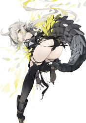 Rule 34 | 1girl, absurdres, ahoge, arknights, ass, black gloves, black legwear, black nails, black panties, blush, closed mouth, crocodilian tail, from behind, gloves, grey hair, highres, long hair, nail polish, panties, partially fingerless gloves, pointy ears, sh (shinh), simple background, single sidelock, solo, tail, tomimi (arknights), torn clothes, torn legwear, underwear, white background, yellow eyes
