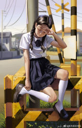 Rule 34 | 1girl, :i, absurdres, arm at side, black hair, blue bow, blue bowtie, blue skirt, bow, bowtie, braid, closed eyes, fang fengzheng de danche, forehead, full body, grass, hair slicked back, hand on forehead, highres, house, kneehighs, loafers, low twin braids, on railing, original, outdoors, pleated skirt, power lines, railing, road, school uniform, shirt, shoes, short sleeves, sidelighting, sitting, skirt, socks, solo, street, twin braids, twintails, utility pole, weibo logo, weibo watermark, white shirt, white socks