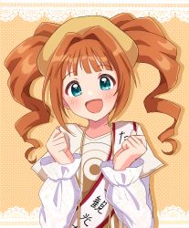 Rule 34 | 1girl, artist request, commentary request, green eyes, highres, idolmaster, idolmaster (classic), long hair, long sleeves, looking at viewer, open mouth, orange hair, polka dot, polka dot background, solo, takatsuki yayoi, twintails, upper body