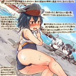 Rule 34 | &gt;:), 10s, 3girls, abyssal ship, abyssal twin princess (black), ass, bare arms, bare legs, bare shoulders, black hair, colored pencil (medium), dated, grin, hair between eyes, i-14 (kancolle), kantai collection, kirisawa juuzou, multiple girls, night strait princess (white), numbered, one-piece swimsuit, open mouth, red eyes, sailor collar, sailor shirt, school swimsuit, shirt, short hair, sleeveless, smile, swimsuit, teeth, traditional media, twitter username, v-shaped eyebrows, wet, white hair