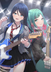 2girls aqua_eyes aqua_hair black_hair blue_eyes electric_guitar guitar hatsune_miku highres hoshino_ichika_(project_sekai) instrument long_hair miniskirt multiple_girls pleated_skirt project_sekai rock_(music) sakuno_(sksk_sakuno) skirt smile stage stage_lights tagme twintails very_long_hair