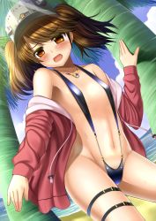 Rule 34 | 10s, 1girl, beach, blush, brown hair, collarbone, contrapposto, cowboy shot, day, dutch angle, embarrassed, flat chest, hood, hoodie, jewelry, kantai collection, long sleeves, looking at viewer, looking to the side, navel, necklace, off shoulder, open mouth, outdoors, palm tree, ryuujou (kancolle), shibata rai, slingshot swimsuit, solo, standing, sweat, swimsuit, thigh strap, tree, twintails, visor cap