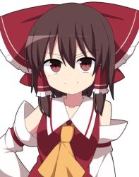 Rule 34 | 1girl, ascot, bare shoulders, bow, brown hair, detached sleeves, enushi (toho193), hair between eyes, hair bow, hair tubes, hakurei reimu, hand on own hip, highres, large bow, looking at viewer, one-hour drawing challenge, red eyes, simple background, smile, solo, touhou, v-shaped eyebrows, white background, yellow ascot